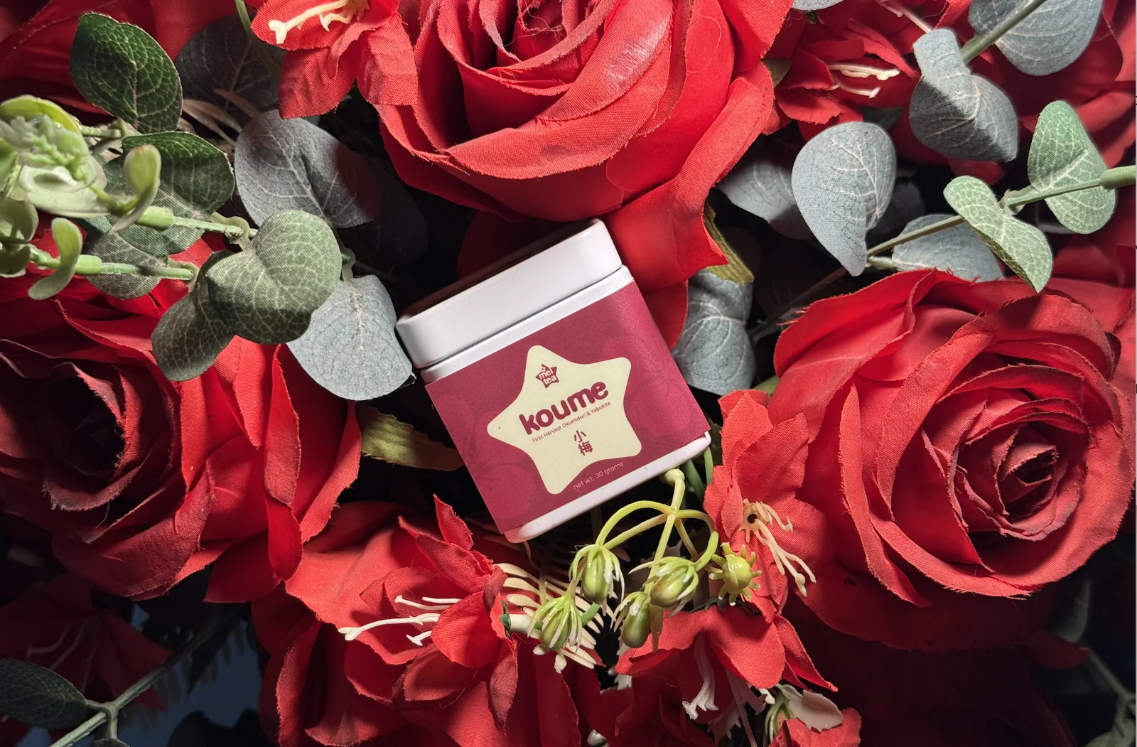 Koume matcha tin nestled among deep red roses and green leaves