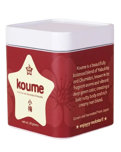 Koume matcha tin with Mei Tea’s burgundy star label