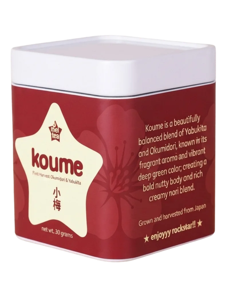 Koume first-harvest matcha in Mei Tea’s original burgundy and cream tin